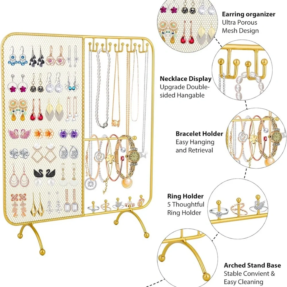 Gold Jewelry Organizer Stand  Hanging Earrings Bracelet Necklaces Ring Watches,